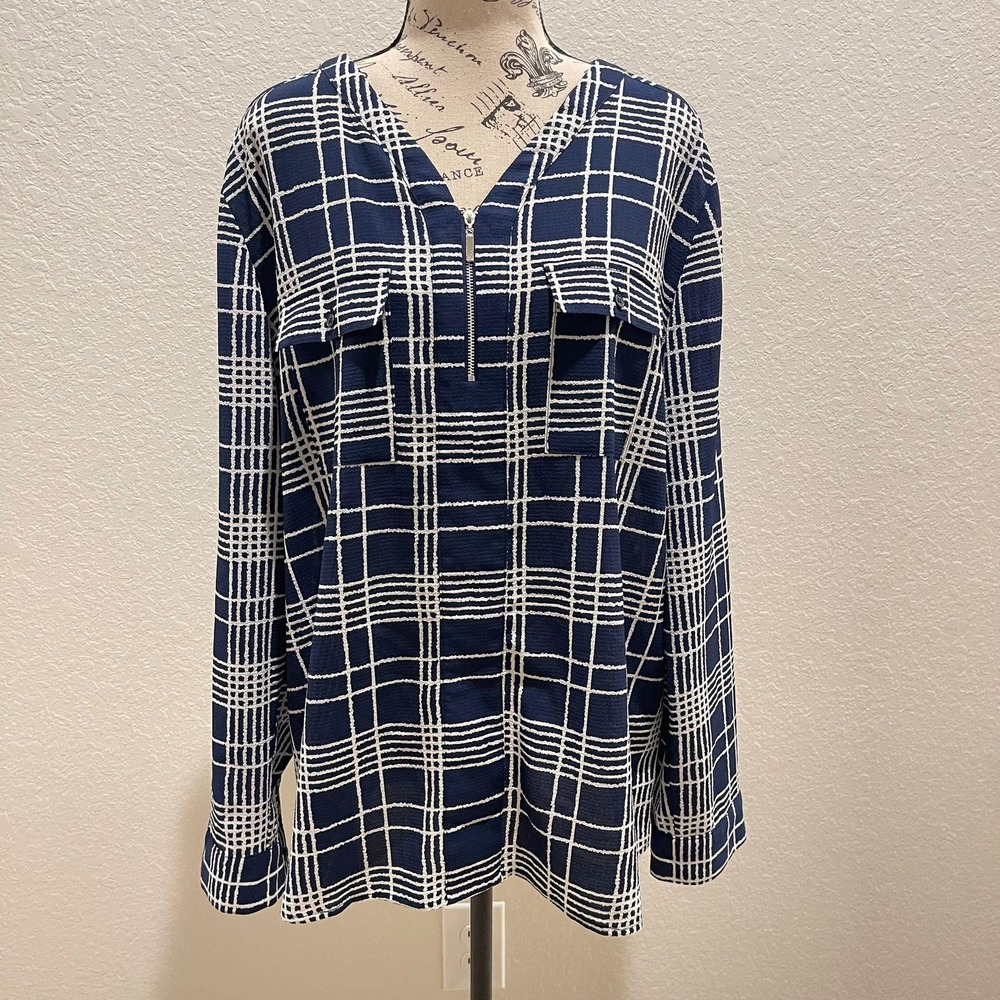 Valerie Stevens Womens Plaid Zipper Pocket Long Sleeve‎ Tunic Top XL Blue White